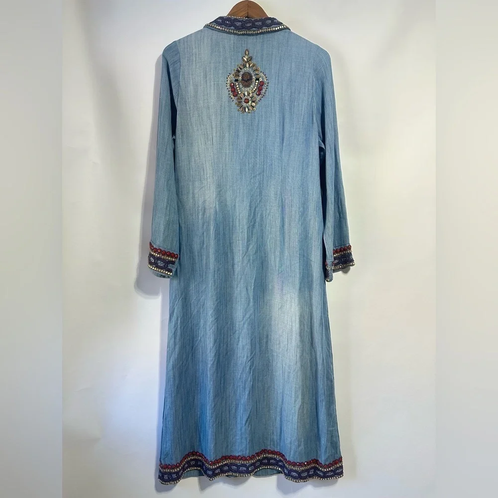 NWT Soft Surroundings Morena Duster denim jewel beaded boho long cardigan Medium - Picture 6 of 13